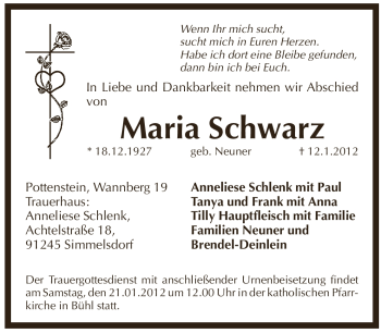 Traueranzeige von Maria Schwarz von Pegnitz-Zeitung